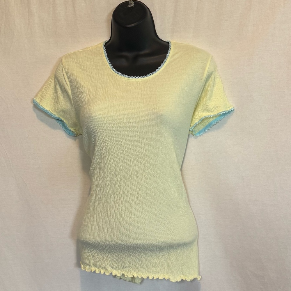 H-102 Oscar de la Renta Yellow & Blue Lace Trim Short‎ Sleeve Blouse Size S